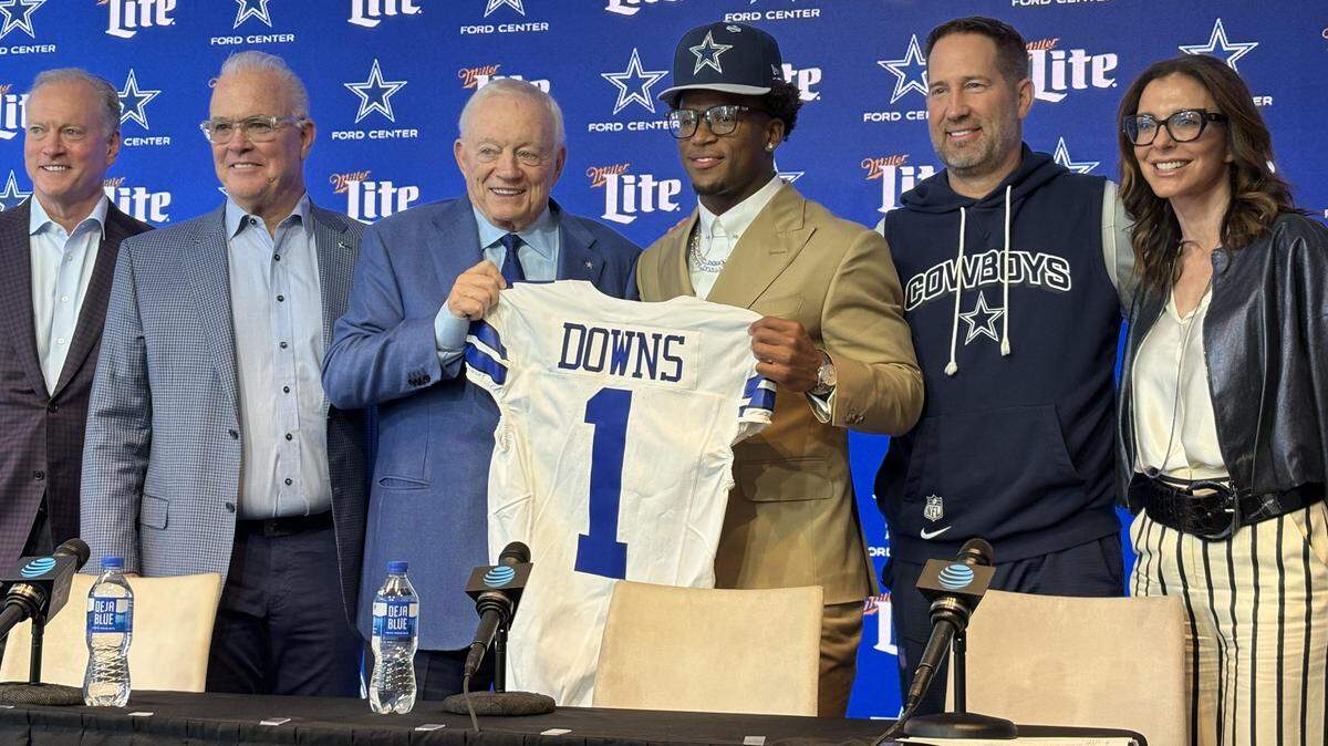 Former Ohio State safety Caleb Downs is introduced as the Dallas Cowboys’ first-round selection on April 24, 2026 at The Star in Frisco.