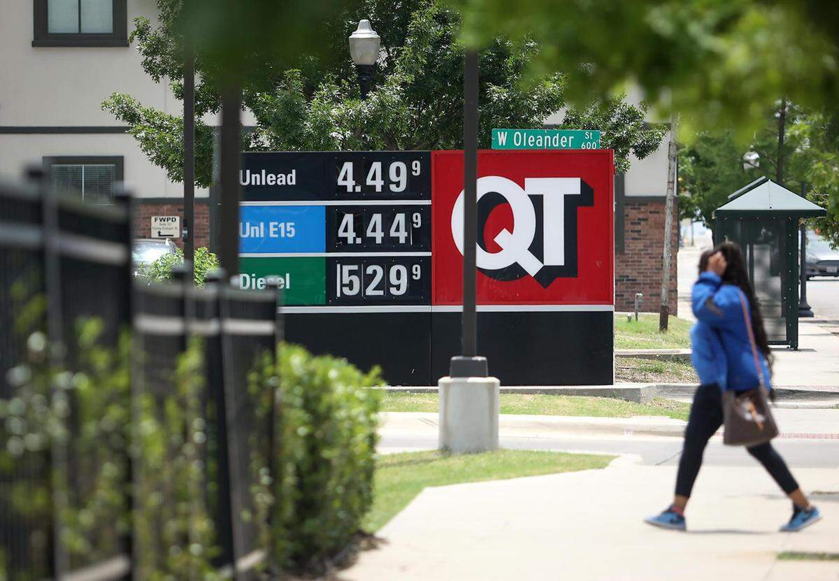 A sign at a QuikTrip on Hemphill Street in Fort Worth shows gas nearing $4.50 per gallon on Wednesday, May 18, 2022.
