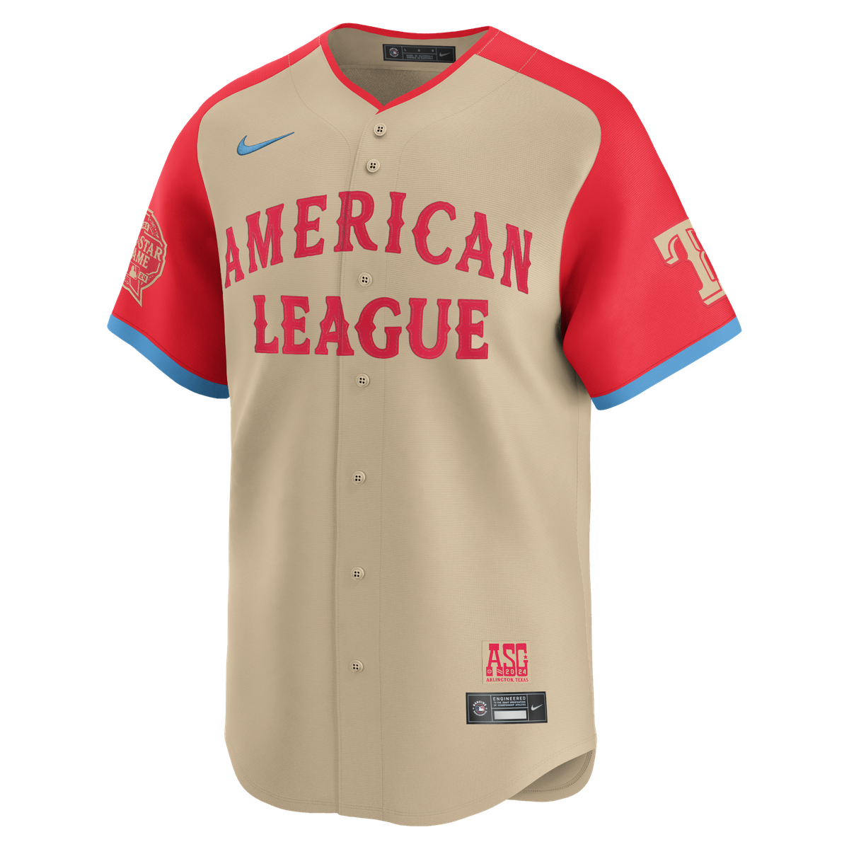 2024 MLB All-Star uniform with the Texas Rangers emblem on the sleeve.
