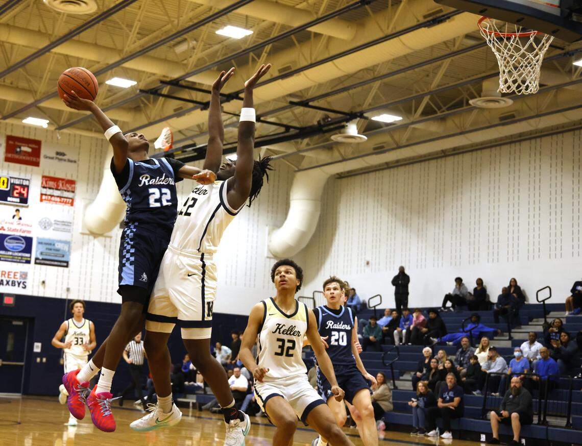 L.D. Bell shooting guard Keyaun Williams (22) gets a shot over Keller Joseph Ericson (22) during the first half of a UIL boys basketball game at Keller High School in Keller, Texas, Friday Jan. 16, 2026.