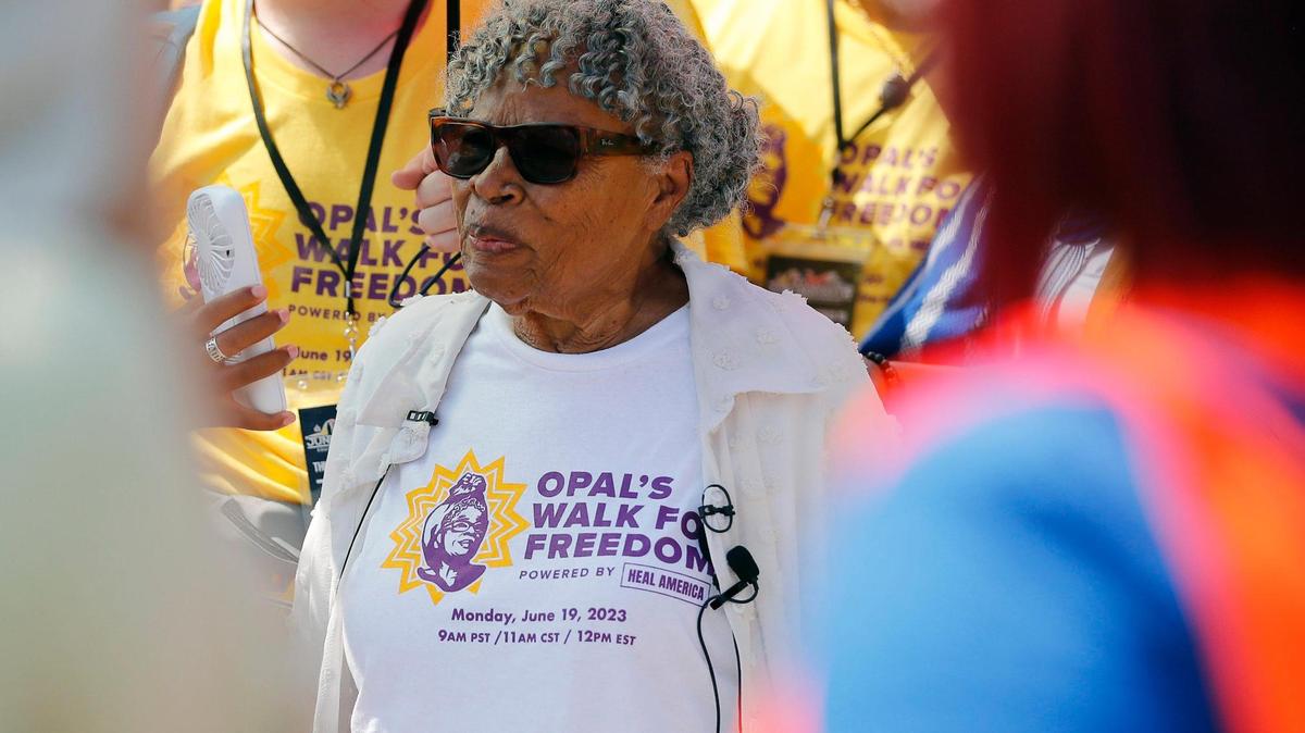 Opal Lee was photographed as dozens of people crowded around her during Opal’s Walk for Freedom in Fort Worth in 2023. (Special to the Star-Telegram Bob Booth)