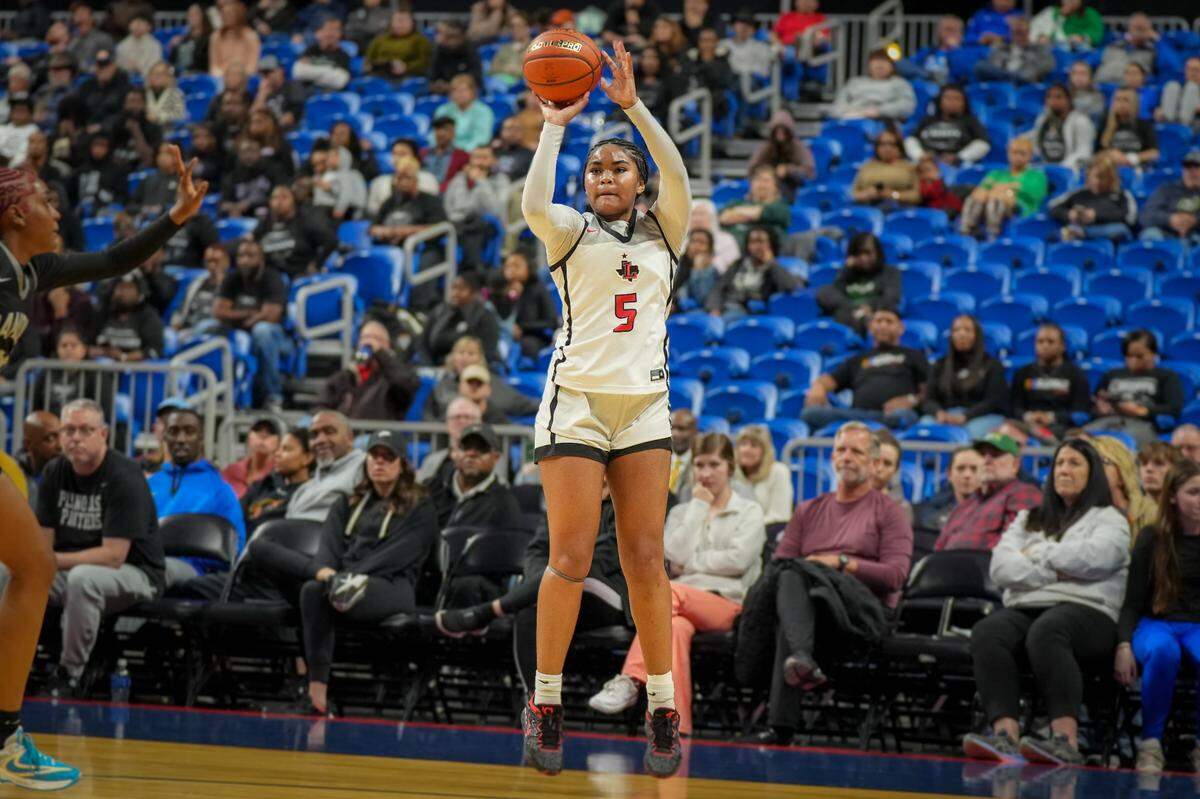Frisco Liberty’s Keyera Roseby goes up for a shot against Richmond Randle in a Class 5A state semifinal on Thursday, February 29, 2024 at the Alamodome in San Antonio, Texas. Roseby had 15 points and eight rebounds in the Redhawks 66-37 win.