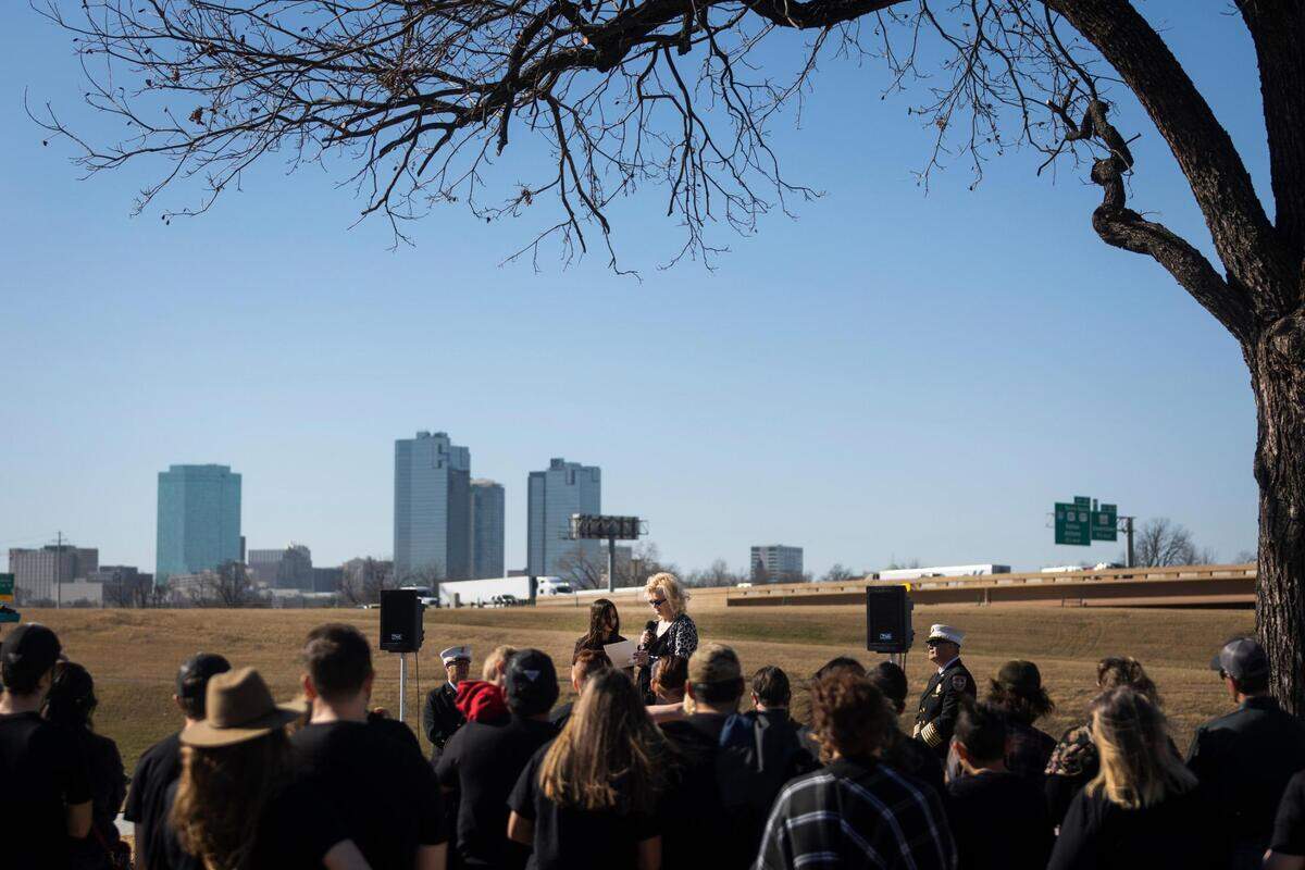 Emri Contreras and Cindy Gerred, daughter and mother of Tiffany Gerred, speak at a memorial a year after the deadly I-35W pileup crash Friday, Feb. 11, 2022, at Riverside Park in Fort Worth.