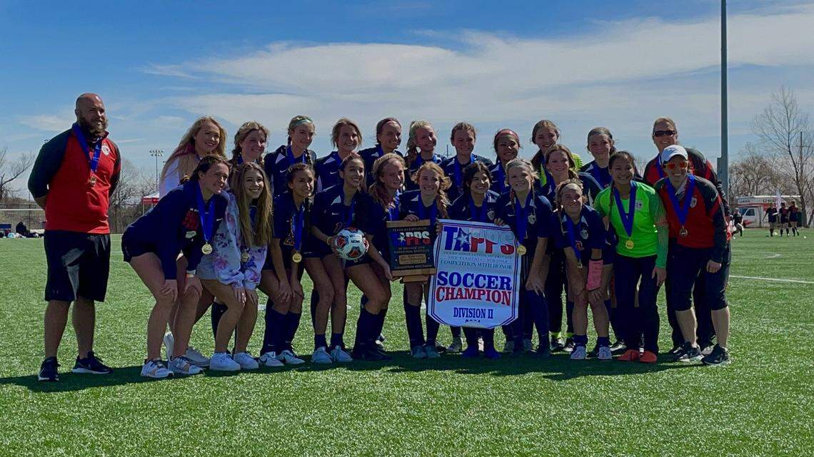 Grapevine Faith celebrates its third straight TAPPS girls soccer state title with a 7-1 win over Austin St. Michael’s in the D2 title game Friday March 5, 2021 at Round Rock Multipurpose Complex.