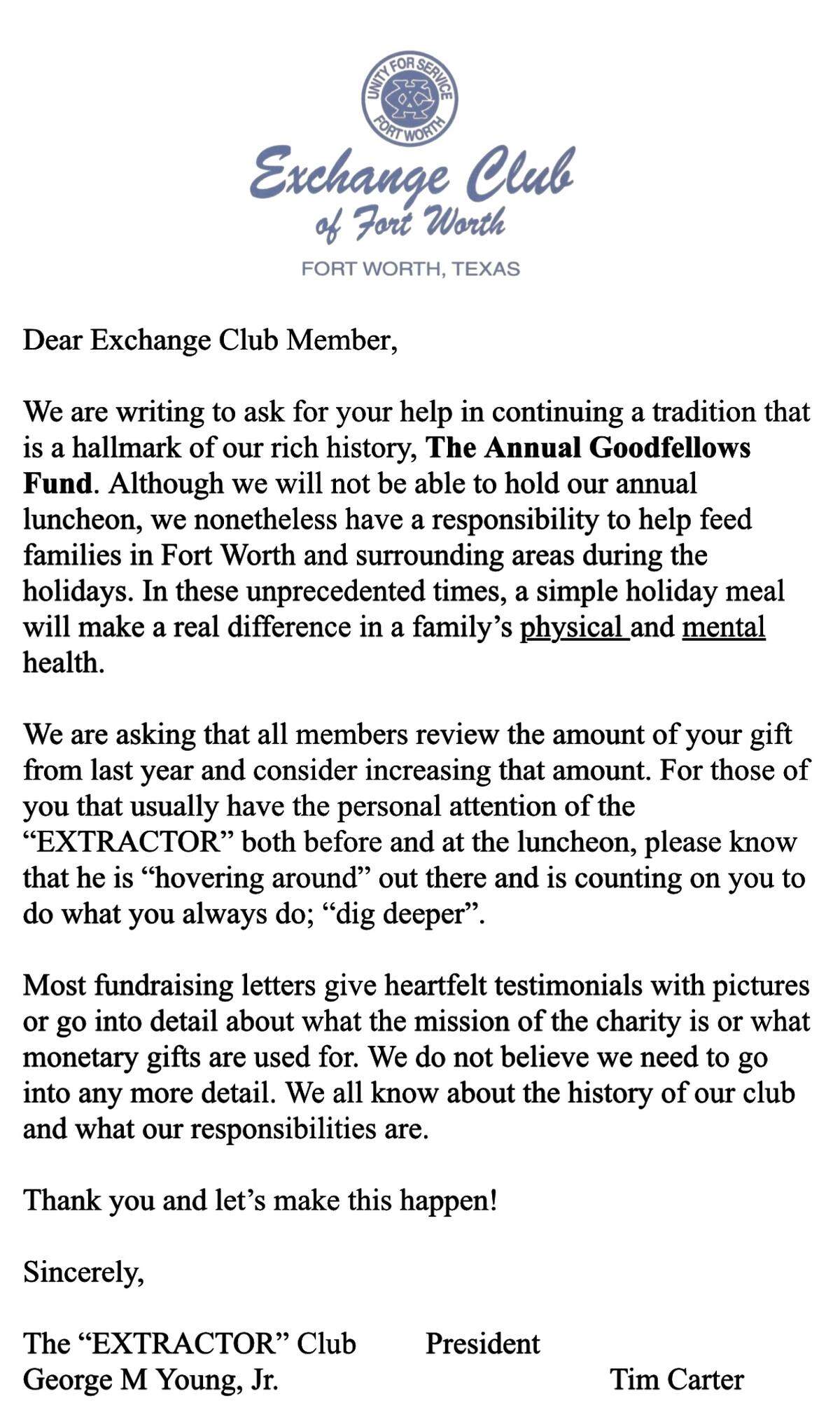 The Exchange Club’s simple fundraising letter helped feed thousands in Tarrant County.
