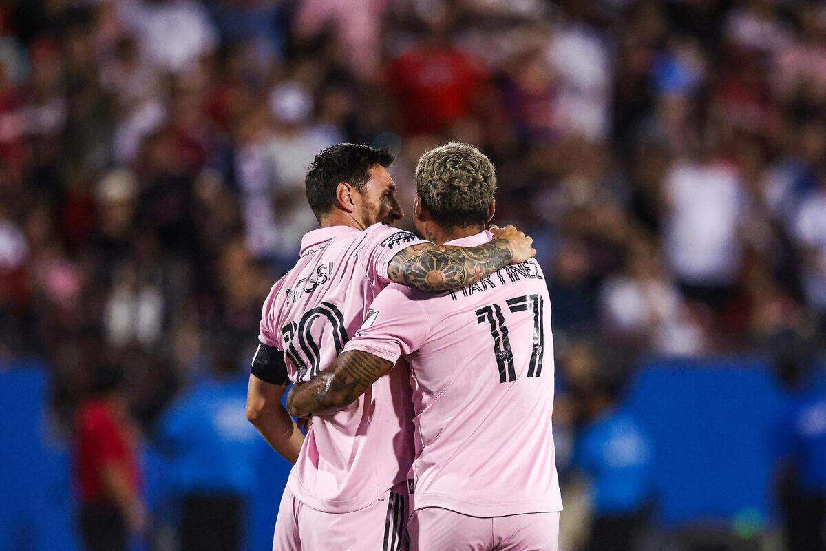 Inter Miami CF captain Lionel Messi (10) celebrates with his teammate Josef Martinez (17) after scoring the first goal of the game in the first half of a Leagues Cup match against FC Dallas at TOYOTA Stadium in Frisco, Texas on Sunday, Aug. 6, 2023.