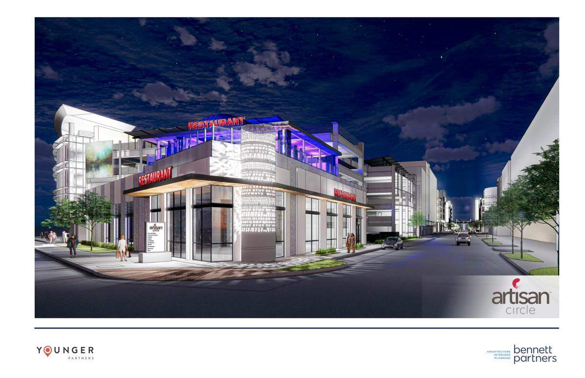A new rendering of Artisan Circle shows a large-format, digital display facing University Drive.
