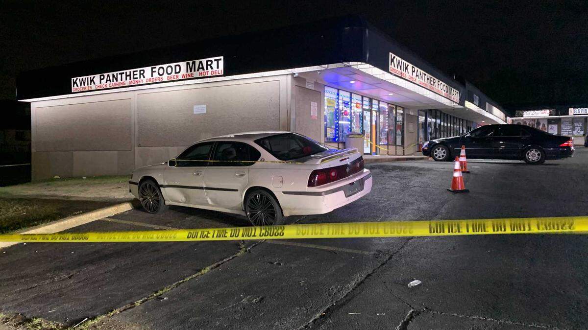 Police are investigating a shooting Tuesday night near this convenience store in the 5600 block of Meadowbrook Drive that left one person in critical condition. Bullet holes can be seen in the front doors of the store. Another shooting occurred less than 0.5 miles away Tuesday night in the 2700 block of Stark Street.