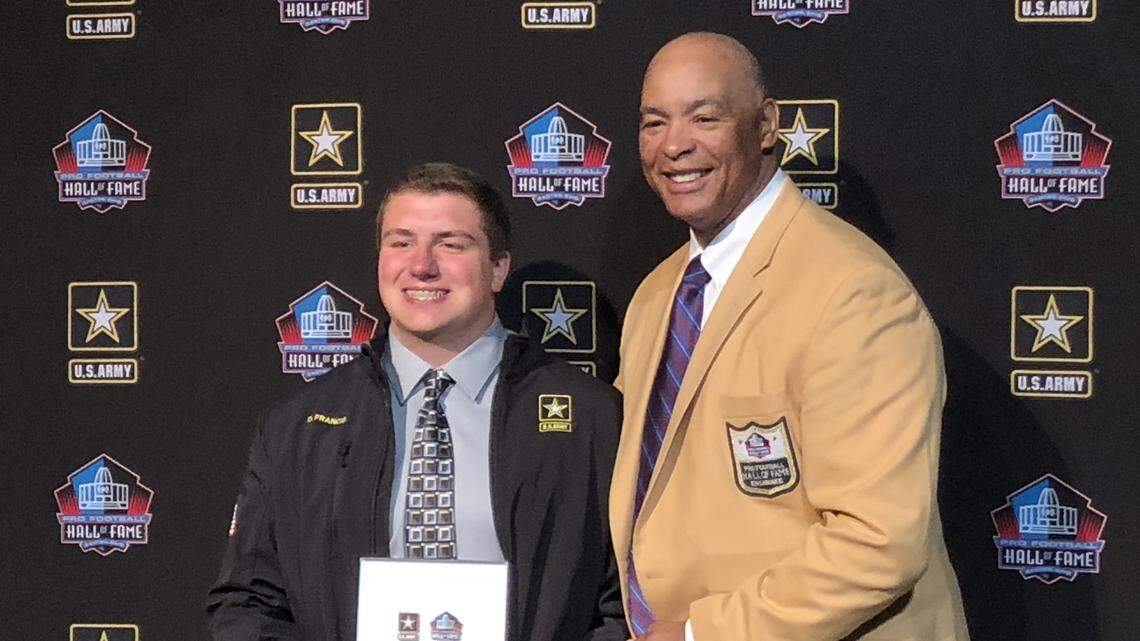 Colleyville Heritage senior Dylan Francis is lauded by NFL Hall of Famer Kellen Winslow, April 6, 2018. Francis was named a finalist for the U.S. Army Award for Excellence.