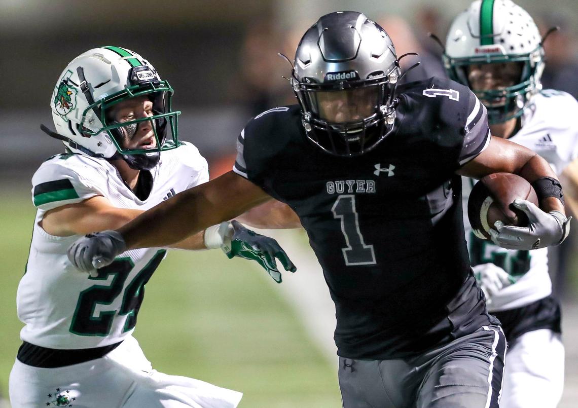 Denton Guyer running back Kaedric Cobbs (1) gets close to the goalline against Southlake Carroll defensive back Josh Sweat (24)during the first half, Friday night, October 4, 2019 played at C.H. Collins Complex Stadium in Denton, TX.