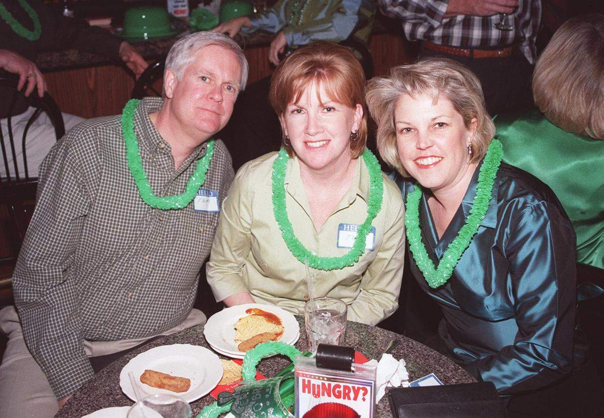 March 2001: Margarita Society St. Patrick’s Day party benefiting Children’s Charities of Fort Worth. Ron Olman, left, Peggy Frazier and Julie Olson.