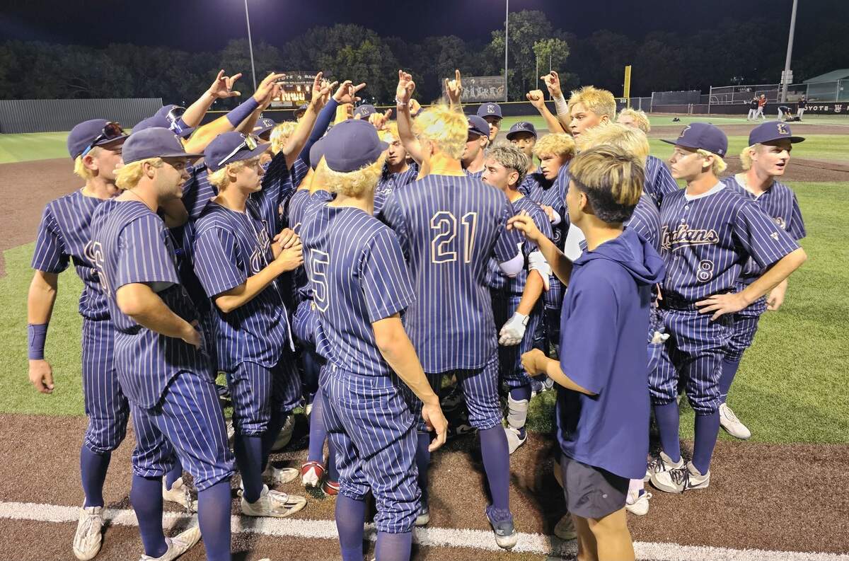 The Keller baseball team celebrates after defeating Euless Trinity in Game 2 to sweep their UIL Class 6A Division I regional final baseball series on Friday, May 22, 2026, at Weatherford College in Weatherford, Texas.