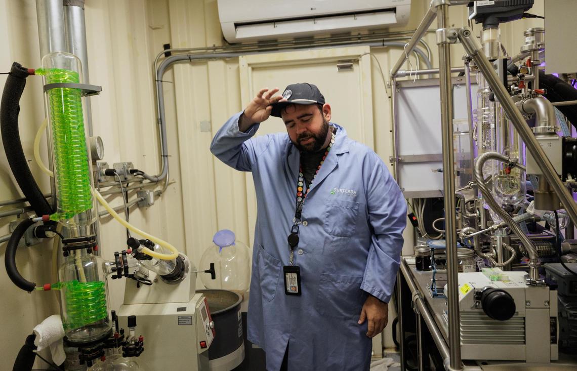 Lab manager Adam Richardson explains how cannabis oil is extracted from the marijuana plant at Goodblend in Austin on Thursday, May 1, 2025. The Texas Compassionate Use Program does not include inhalable products for patients.