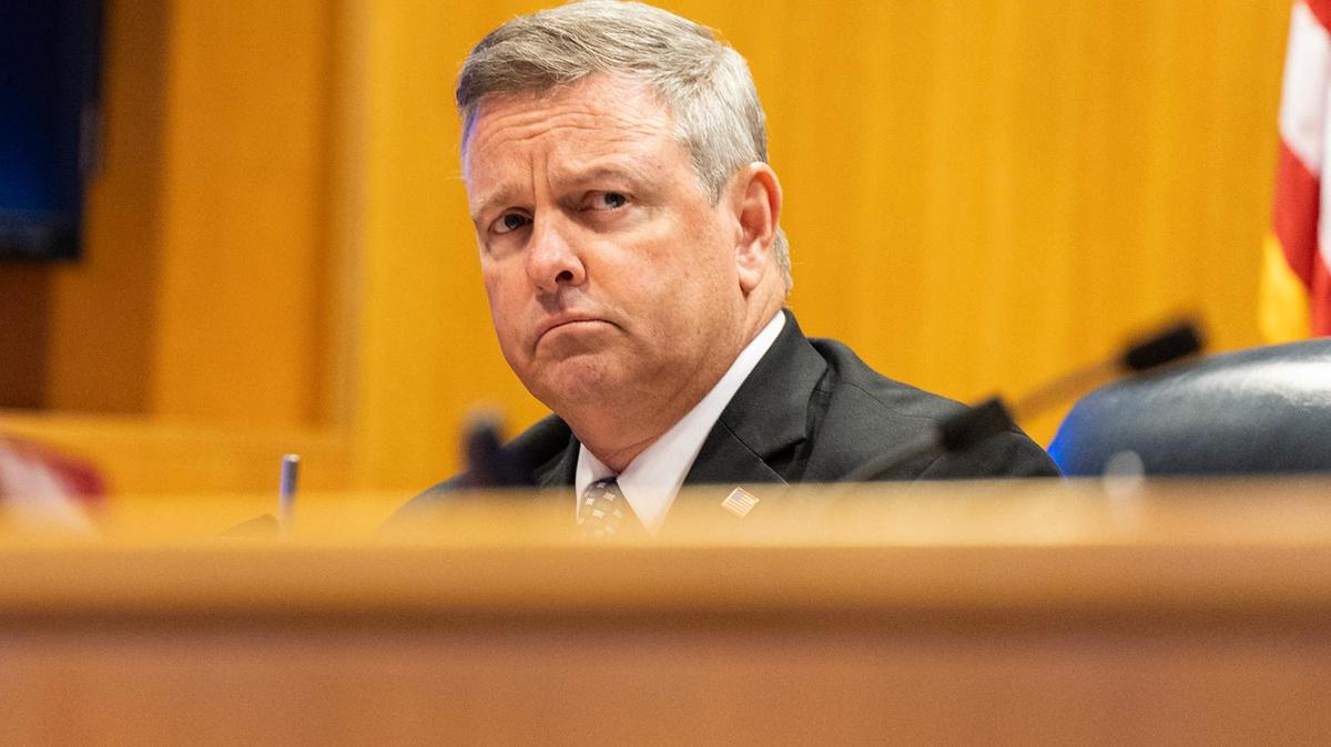 Tim O’Hare, the Tarrant County Judge, listens to public comment regarding the proposed redistricting of the county during a Commissioners Court Meeting at the Tarrant County Administration Building in Fort Worth on Tuesday, May 6, 2025.