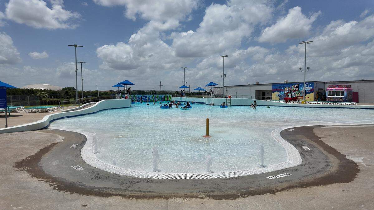 Epic Water’s outdoor portion features a 10,000 square foot wave pool. Guests enjoy tranquility before a new set of currents flood in on Wednesday, June 18, 2025 in Grand Prairie.