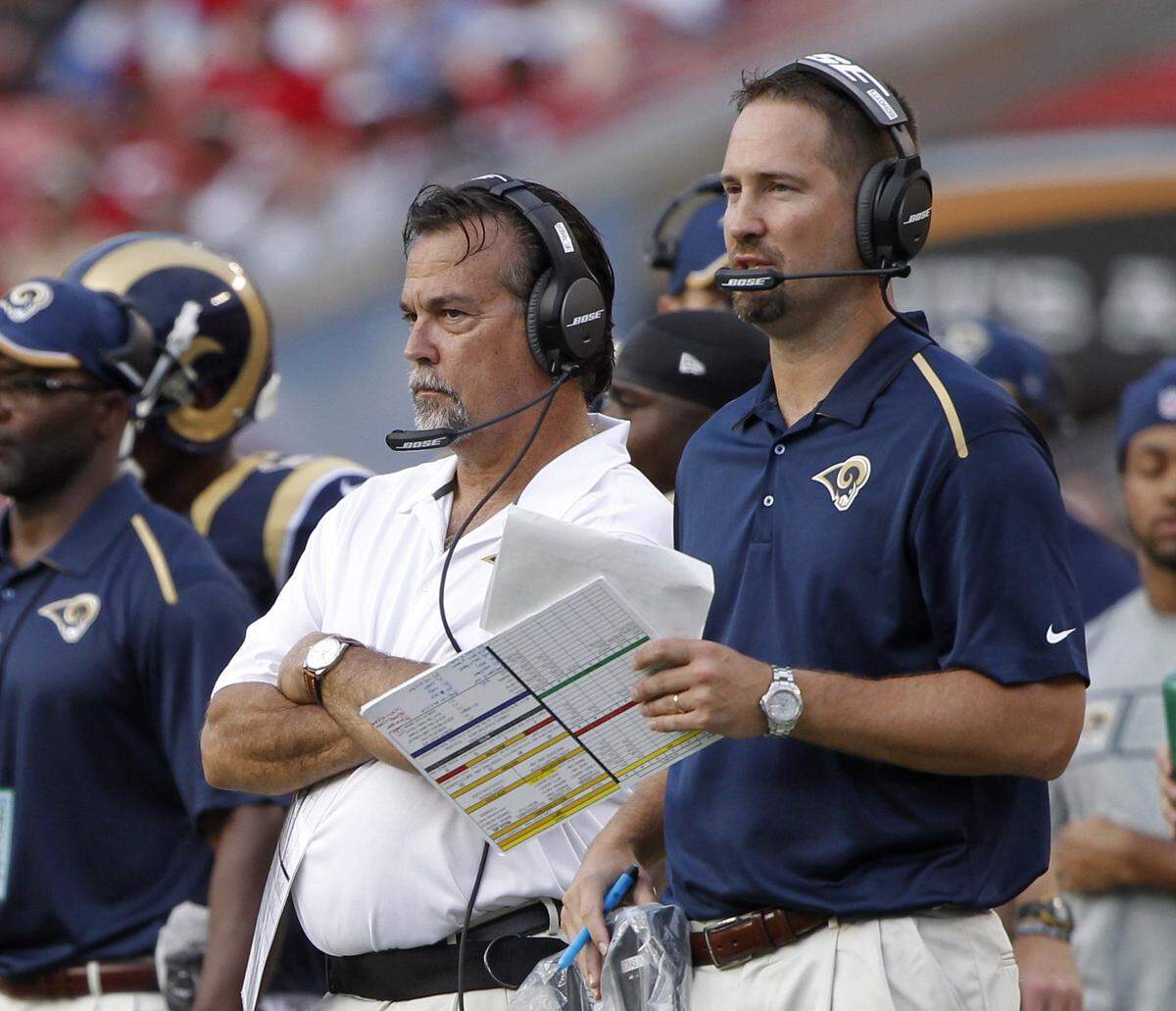 Sep 14, 2014; Tampa, FL, USA; St. Louis Rams head coach Jeff Fisher and offensive coordinator Brian Schottenheimer during the second half against the Tampa Bay Buccaneers at Raymond James Stadium. St. Louis Rams defeated the Tampa Bay Buccaneers 19-17. Mandatory Credit: Kim Klement-USA TODAY Sports