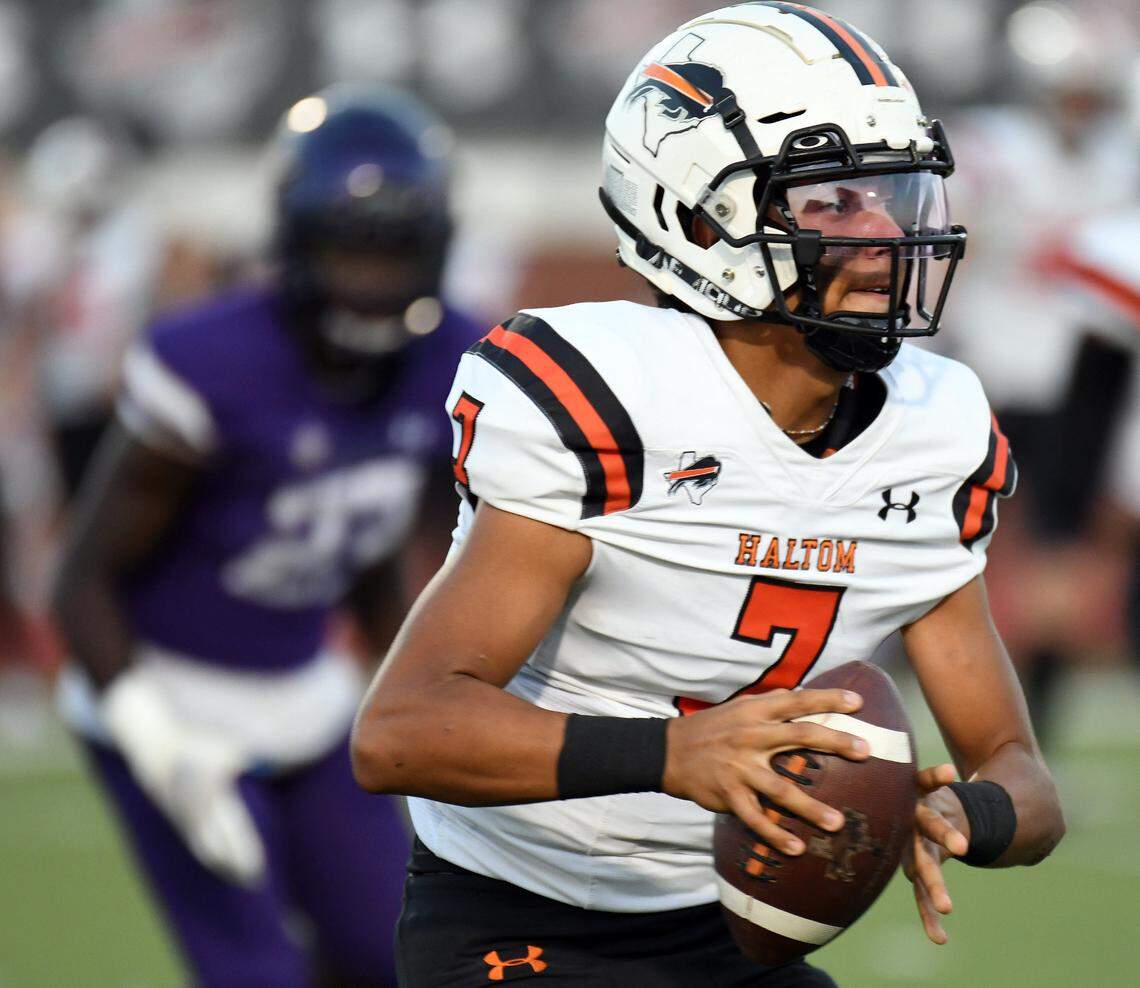 Haltom quarterback Angel Moreno,front scrambles out of the backfield as he looks for a receiver to throw to against Chisholm Trail in the first quarter of their district 3-6A football game Friday, September 17, 2021 at Chisholm Trail High School in Saginaw, Texas. Special/Bob Haynes