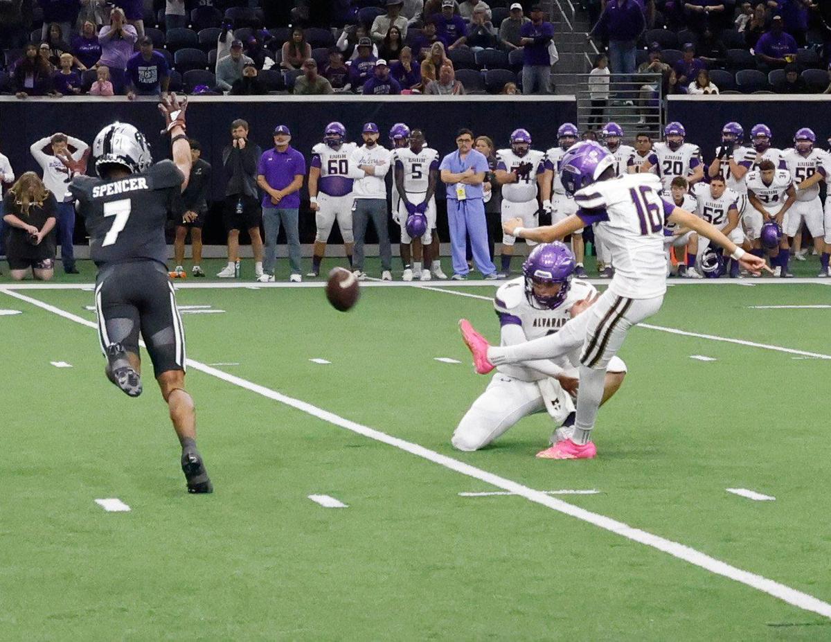 Alvarado kicker Isaiah Sanchez (16) kicks the winning field goal in double overtime during a UIL 4A D1 Area round football playoff game at The Ford Center in Frisco Texas, Thursday, Nov. 21, 2024.