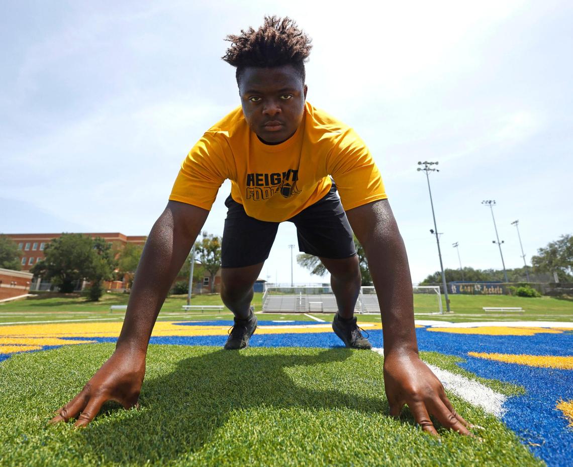 Arlington Heights defensive end Carter James at the schools football field in Fort Worth, Texas, Thursday July 17, 2025.