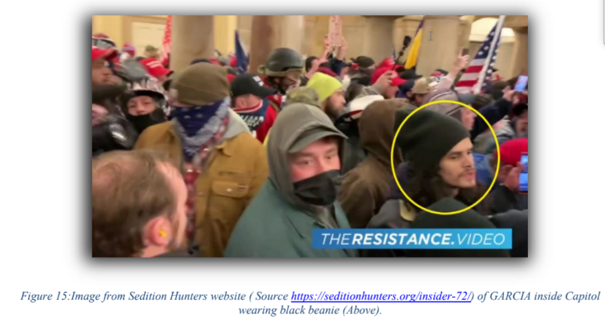 Jacob Garcia faces charges of entering and remaining in a restricted building or grounds, disorderly and disruptive conduct in a restricted building or grounds, disorderly conduct in a Capitol building and parading, demonstrating or picketing in a Capitol building.