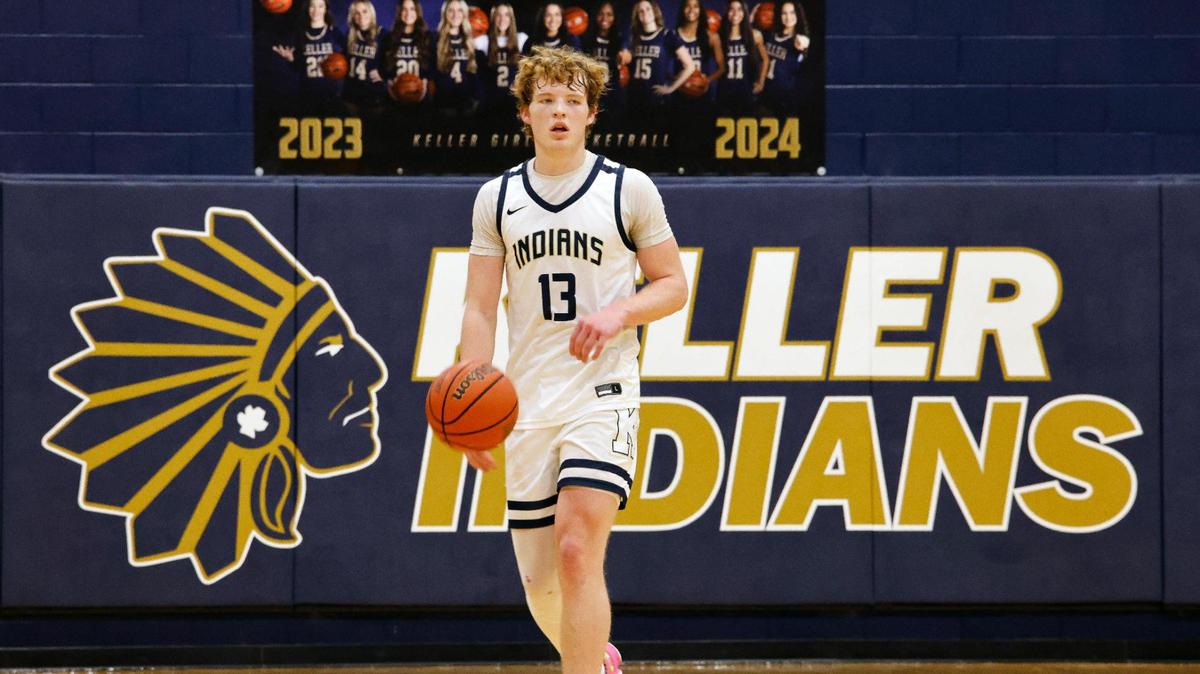 Keller point guard Brooks Bahr (13) brings the ball down court in the second period of a high school basketball game in the Keller High School gym in Keller Texas, Friday, Feb. 02, 2024.