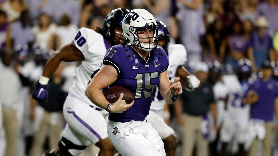 TCU quarterback Max Duggan (15) runs to the right side in the first half of a NCAA football game at Amon G. Carter Stadium in Fort Worth, Texas, Saturday, Sept. 10, 2022. TCU led Tarleton State 38-7 at the half. Did you know Duggan is a big Heim BBQ guy? (Special to the Star-Telegram Bob Booth)