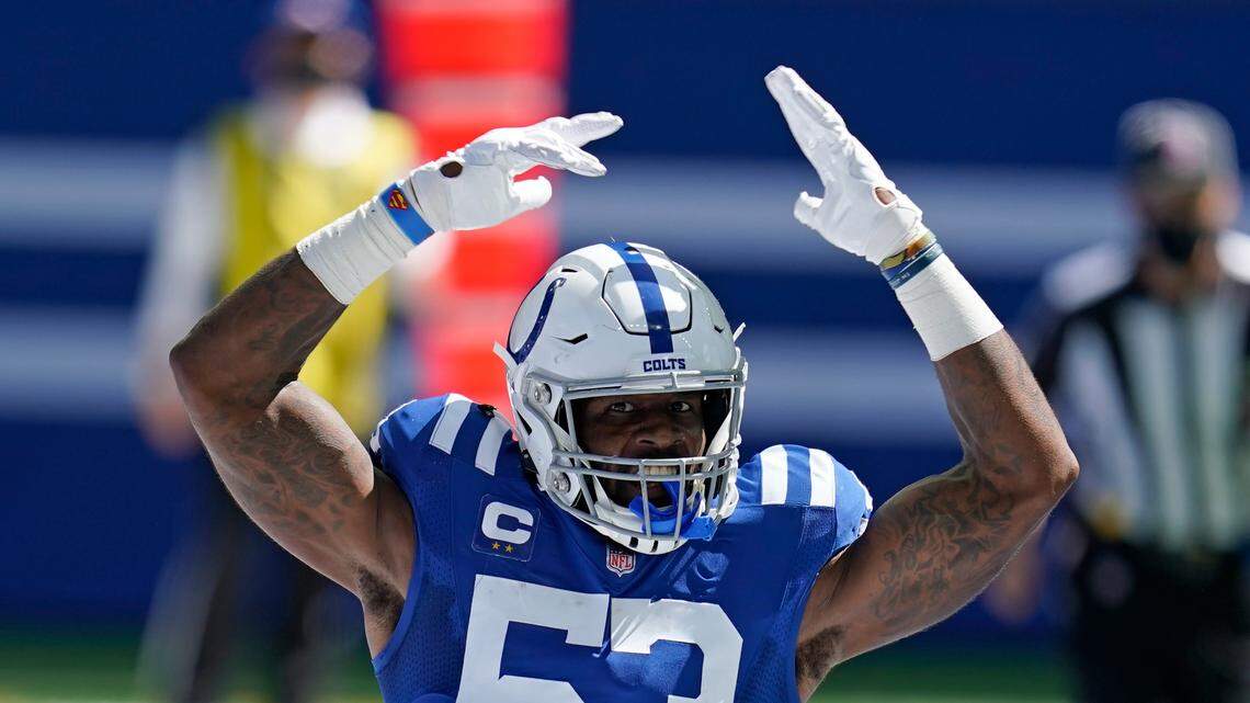Indianapolis Colts’ Darius Leonard (53) celebrates during the first half of an NFL football game against the Minnesota Vikings, Sunday, Sept. 20, 2020, in Indianapolis. (AP Photo/Michael Conroy)