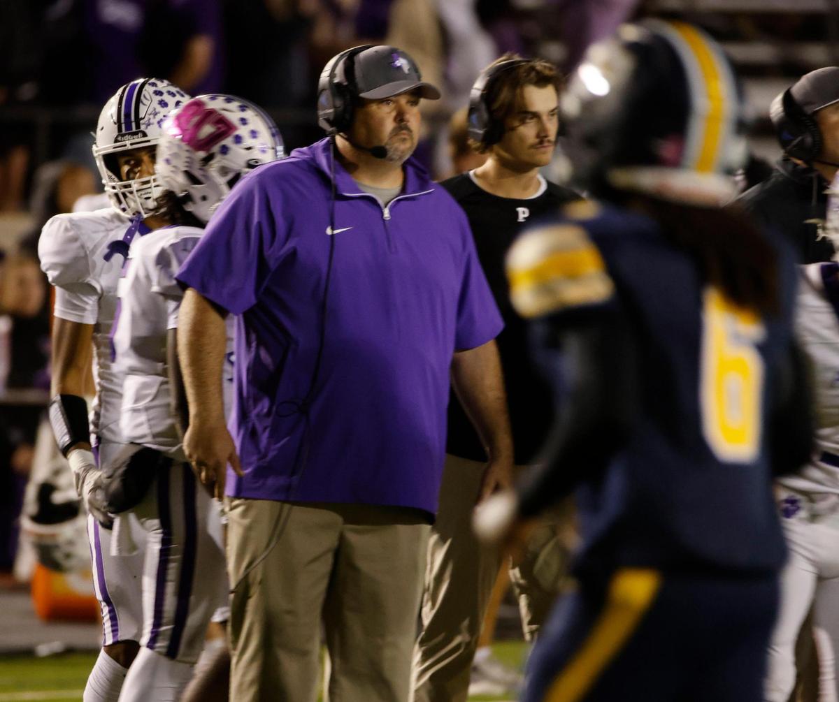 Paschal head coach John Killough glances to the side lines during a time out during the Battle of the Bonfire UIL District 4-5A D1 football game at Farrington Field in Fort Worth, Texas, Friday, Nov. 08, 2024.