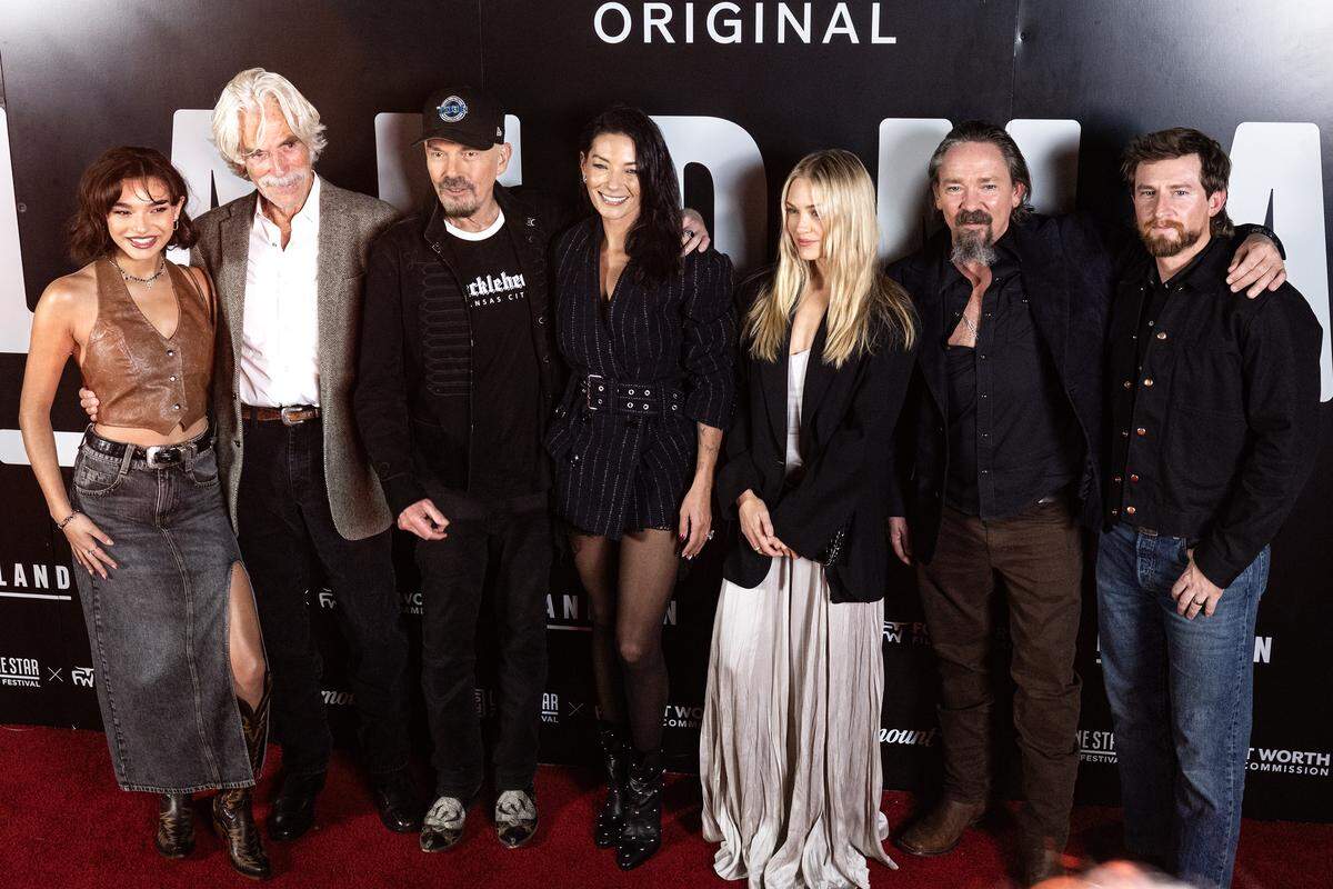 The cast and crew of ‘Landman’ arrives for a group photo  on the red carpet for the premiere event of the second season of ‘Landman’ at the Modern Art Museum of Fort Worth on Thursday, Nov. 6, 2025.