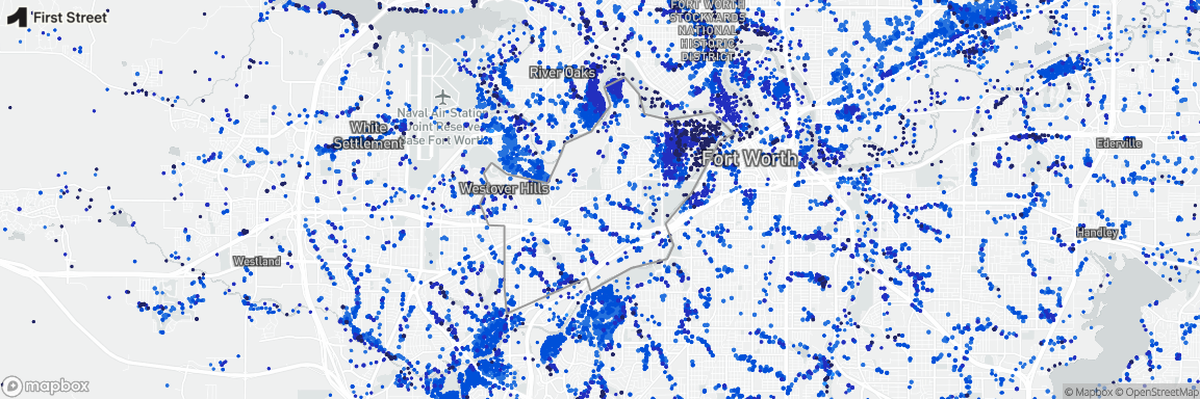 A map from the First Street Foundation showing the flood risk around Fort Worth. The darker blue dots indicate a severe or extreme risk of flooding.