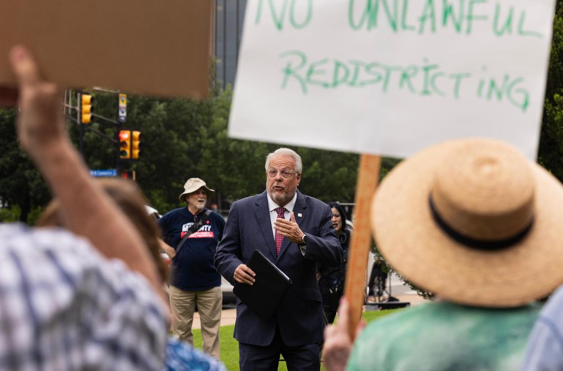 Arlington Mayor Jim Ross speaks during a rally before the vote to redraw Tarrant County precinct boundaries on Tuesday, June 3, 2025 outside of the G.K. Maenius Administration Building.