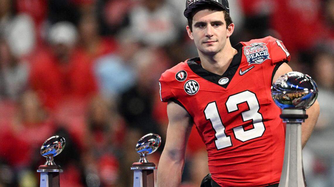 Georgia quarterback Stetson Bennett looks at the crowd after the Peach Bowl victory.