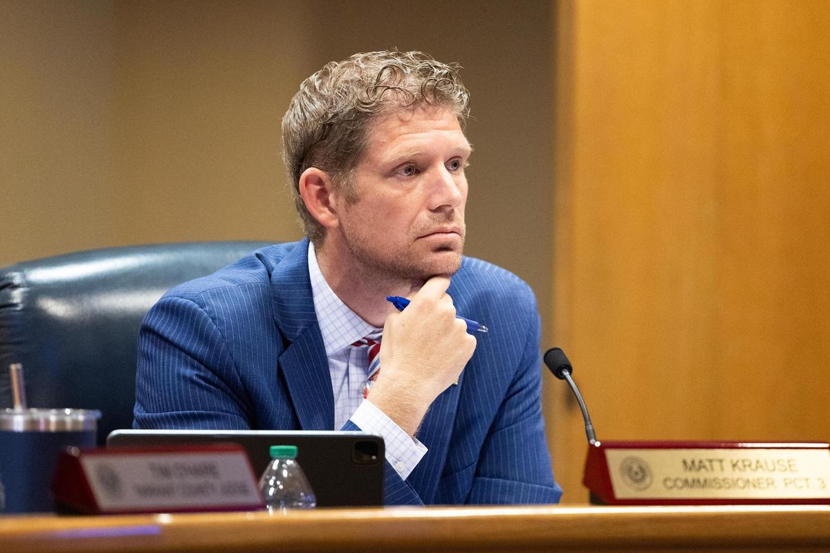 Matt Krause, the Tarrant County Commissioner for Precinct 3, listens to public comment during a Tarrant County Commissioners Court meeting at the Tarrant County Administration Building in Fort Worth on Tuesday, June 3, 2025. The approval for redistricting is on the agenda for the meeting and has been a controversial topic for the communities possibly affected.