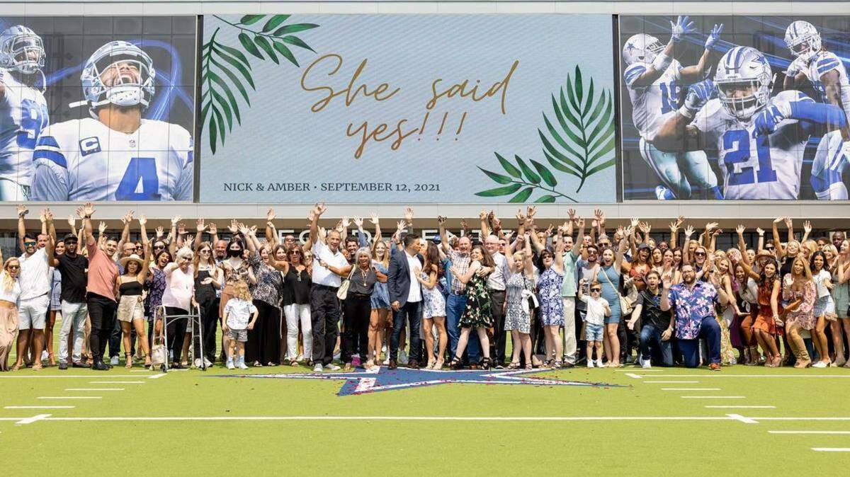 Nick Marino Jr. proposed to Dallas Cowboys Cheerleader Amber McMillan at The Star in Frisco on Sept. 12. Video and images of the engagement have gone viral.