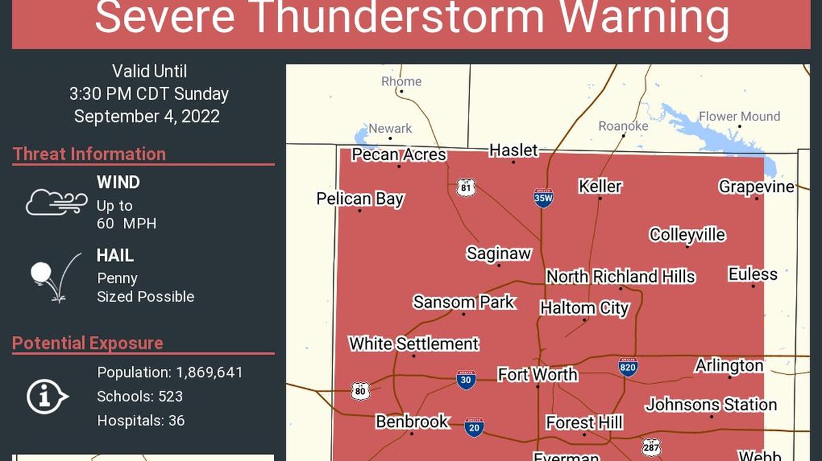 The National Weather Service has issued a thunderstorm warning effective until 3:30 p.m. Sunday for Tarrant County.