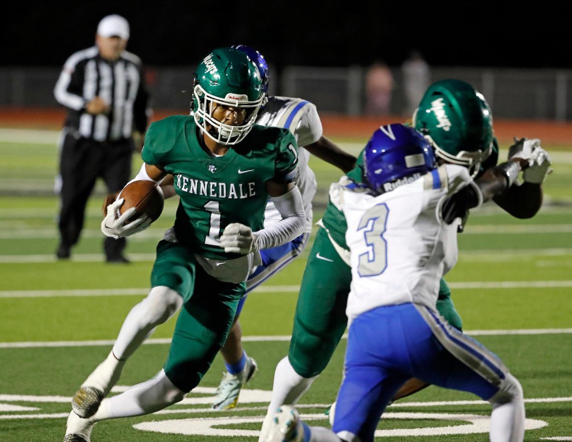Kennedale’s Jaylen Webb (1) gained yards but was called back on a penalty in the first half of a District 6-4A D1 high school football game at Wildcat Stadium in Kennedale, Texas, Friday, Nov. 04, 2022. Kennedale led Dunbar 50-0 at the half. (Special to the Star-Telegram Bob Booth)