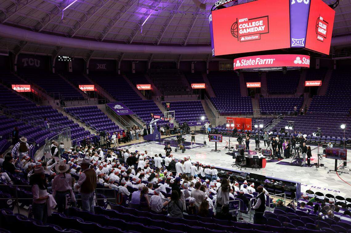 ESPN College GameDay prepares to film at Texas Christian University's Schollmaier Arena on Sunday, March 1, 2026.
