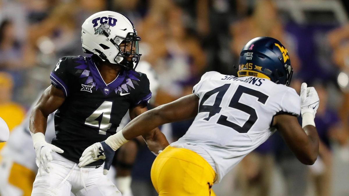 TCU safety Michael Onyemaobi (4) works in the second half of a NCAA football game at Amon G. Carter Stadium in Fort Worth, Texas, Saturday Oct. 23, 2021. West Virginia defeated TCU 29-17. (Special to the Star-Telegram Bob Booth)
