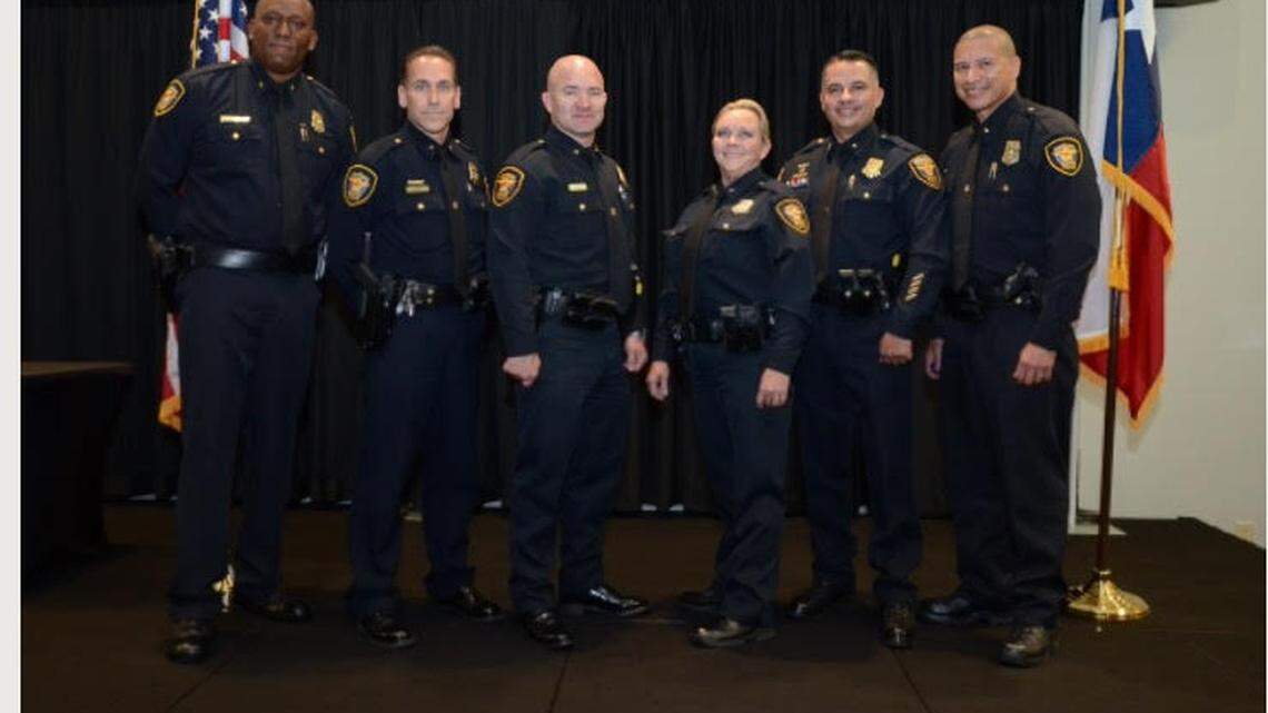 L-R: New Fort Worth police commanders Greg Weathers, Michael Shedd, Neil Noakes, Cynthia O'Neil, Pedro Criado and Joseph Sparrow.