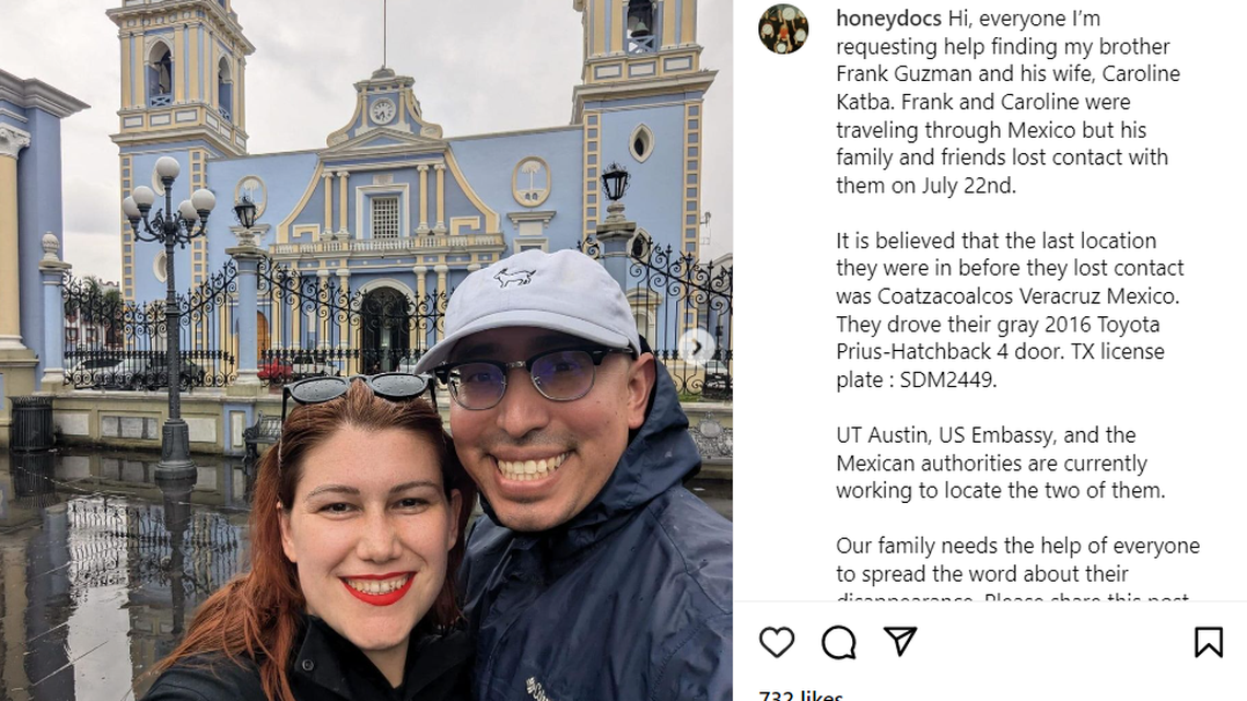 Frank Guzman and Caroline Katba were driving from Texas to Chile when they went missing in Mexico in July, family said.
