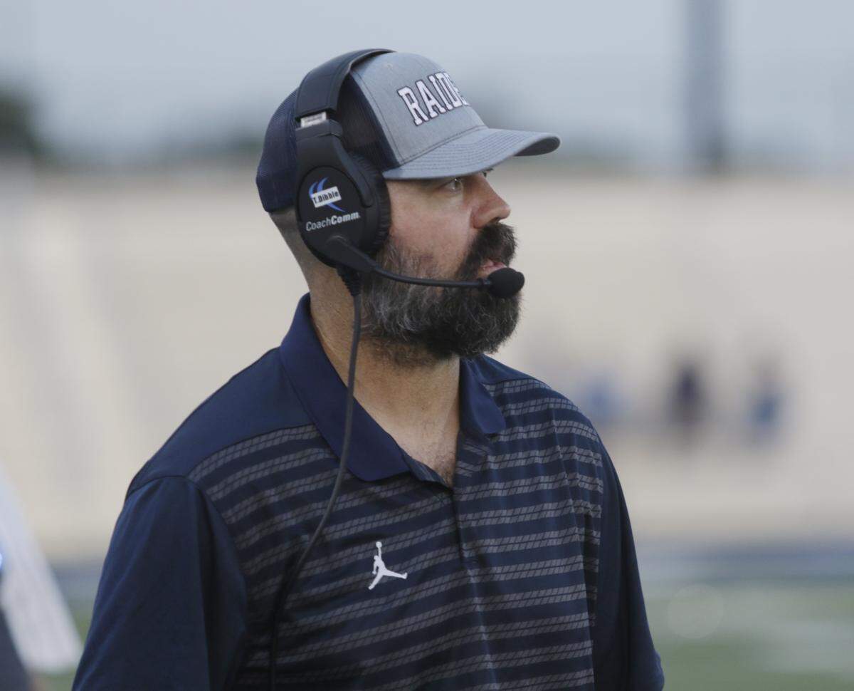 L.D. Bell’s head coach TJ Dibble on the sidelines during their game against Keller at Pennington Field on Friday, Sept. 19, 2025  