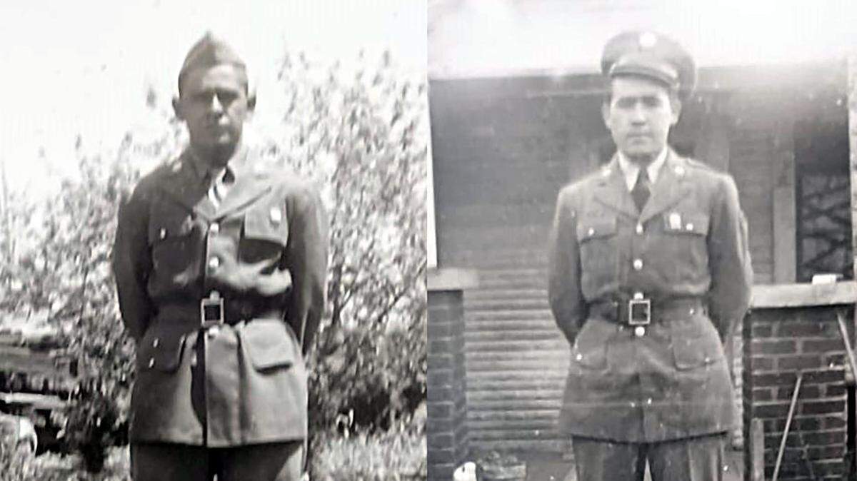 Blas Pacheco, left, and his brother Adam Pacheco are shown in separate photos in front of their home at 3821 Alice St. while on leave from the U.S. Army during World War II. Their family lived in the barrio known as the La Fundición, or foundry, named after the Texas Steel mill on south Hemphill and Bolt streets.
