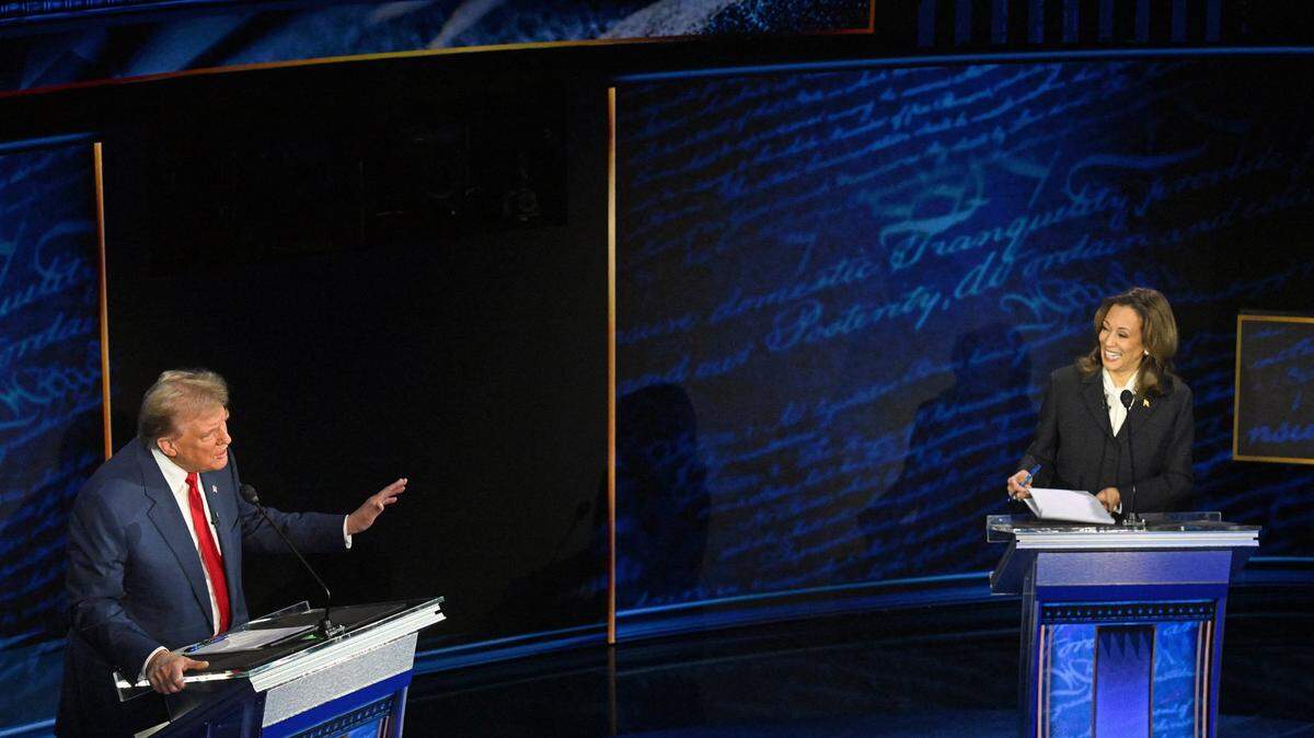 Vice President and Democratic presidential candidate Kamala Harris and former President and Republican presidential candidate Donald Trump speak during a presidential debate at the National Constitution Center in Philadelphia on Tuesday, Sept. 10, 2024. (Saul Loeb/AFP/Getty Images/TNS)