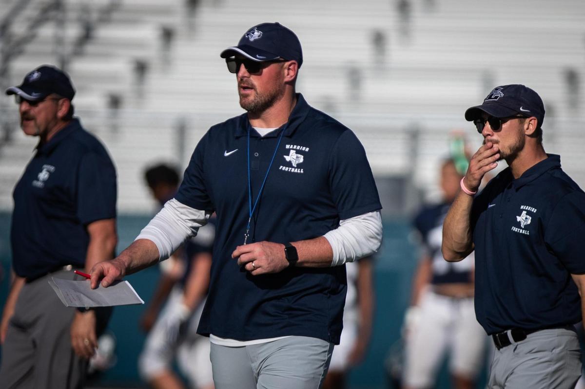 Former Dallas Cowboys Jason Witten, the new head coach, walks out to chat with the Argyle Liberty Christian football team during a scrimmage Friday, Aug. 20, 2021, at Warrior Stadium in Argyle.