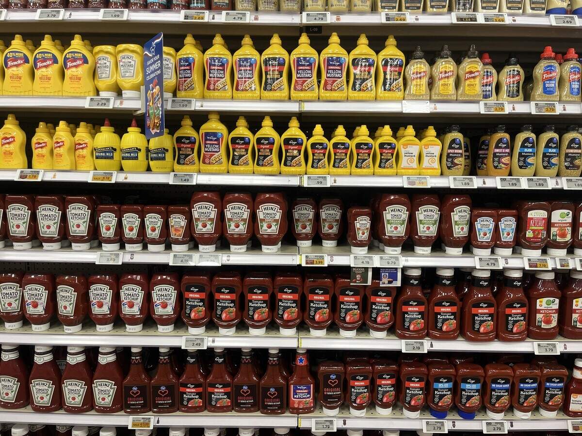Ketchup and mustard selection at Kroger in Fort Worth on June 30, 2026.