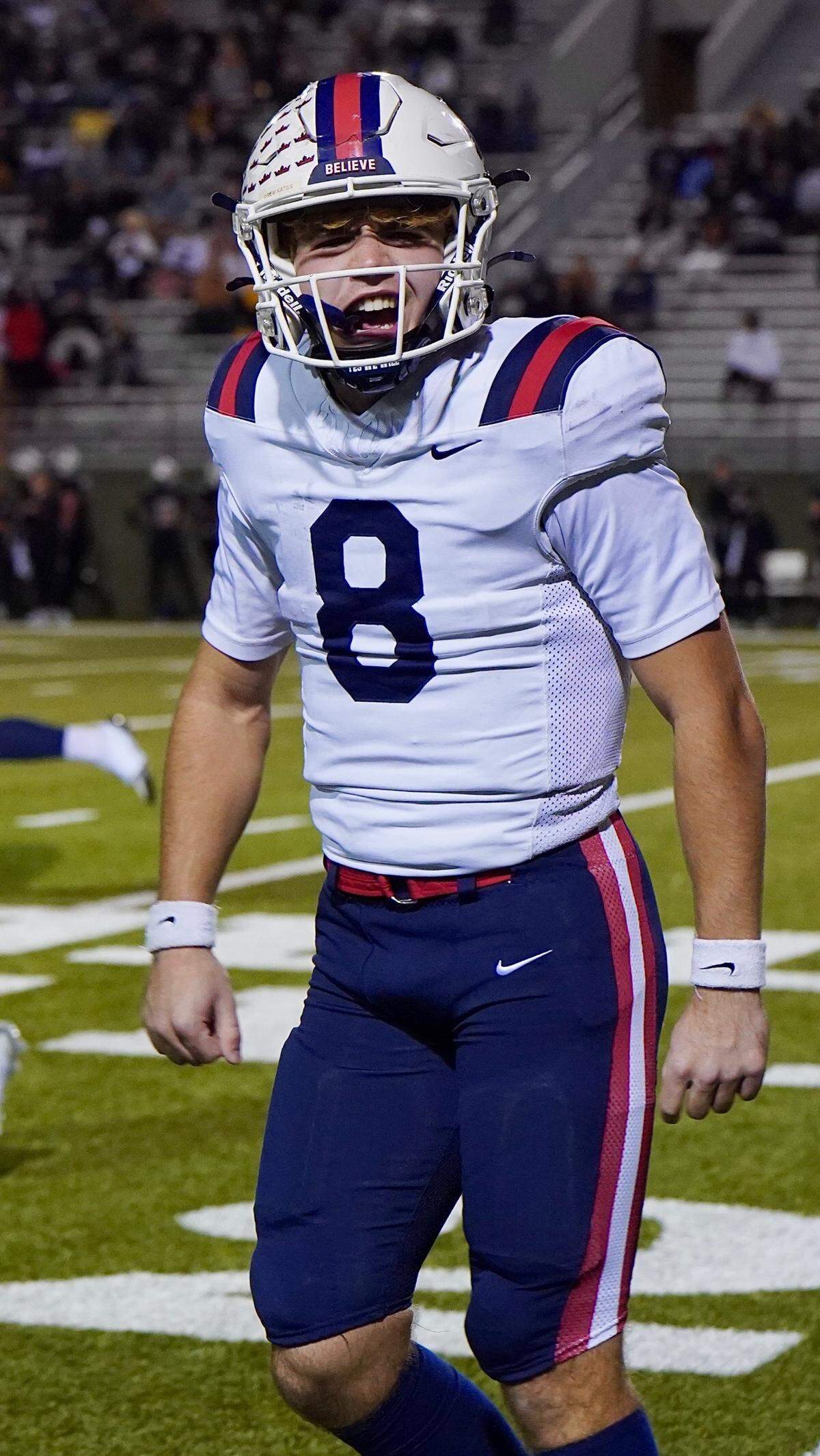 North Richland Hills Richland quarterback Drew Kates celebrates after a touchdown against Amarillo in a Class 5A Division 1 area-round game on Saturday, Nov. 23, 2024 at Memorial Stadium in Wichita Falls, Texas.