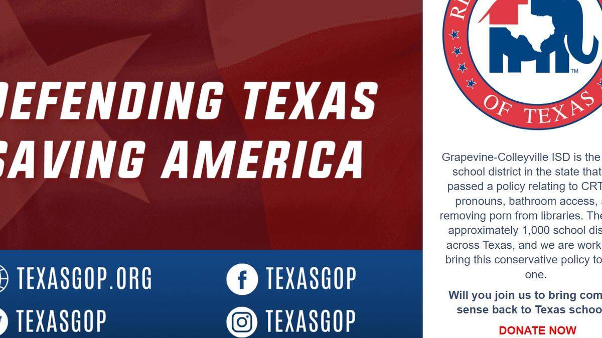 A Texas Republican Party web pages includes a donation link promoting rules recently approved by the Grapevine-Colleyville school district for library books, gender identity and critical race theory.