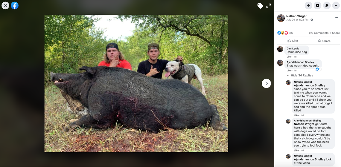 Nathan Wright, 17, and Colton Roberts, 20, said they killed a 460-pound feral hog while hunting in Central Texas last week.