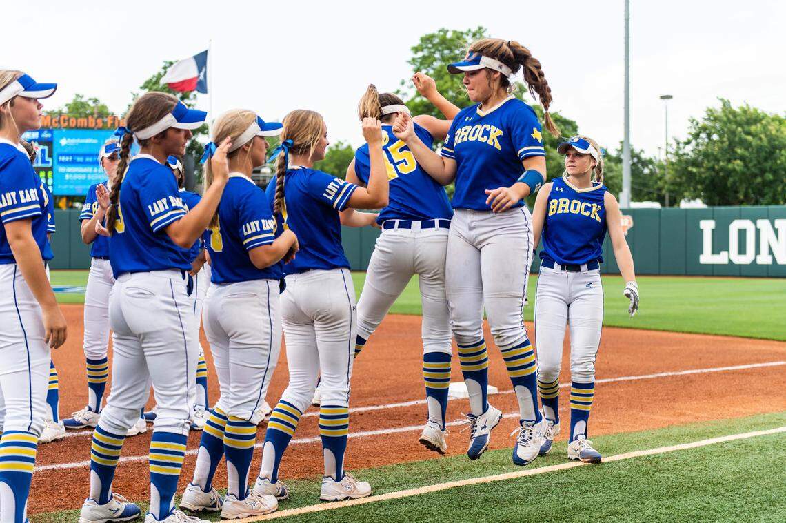 Brock junior Kelsi Tonips goes through introductions during the 3A state semifinals, Wednesday May 29, 2019.