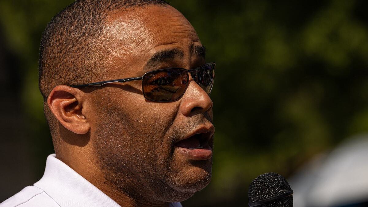 Rep. Marc Veasey speaks to a crowd gathered for the historical marker dedication ceremony at the Lake Como Cemetery in Como on July 6.